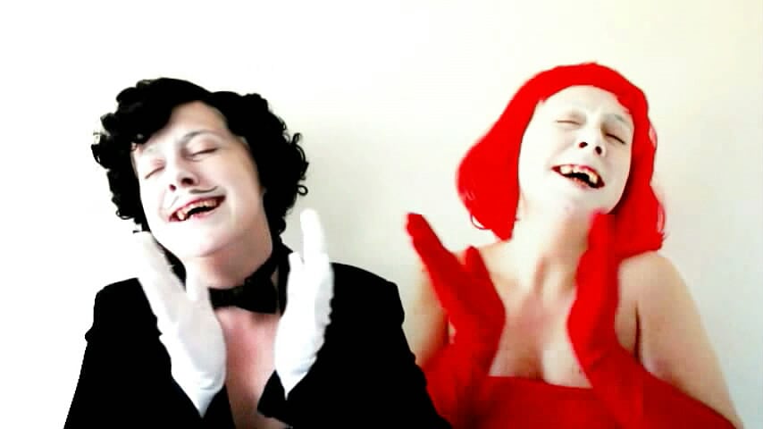 Figure in black and figure in red, clapping