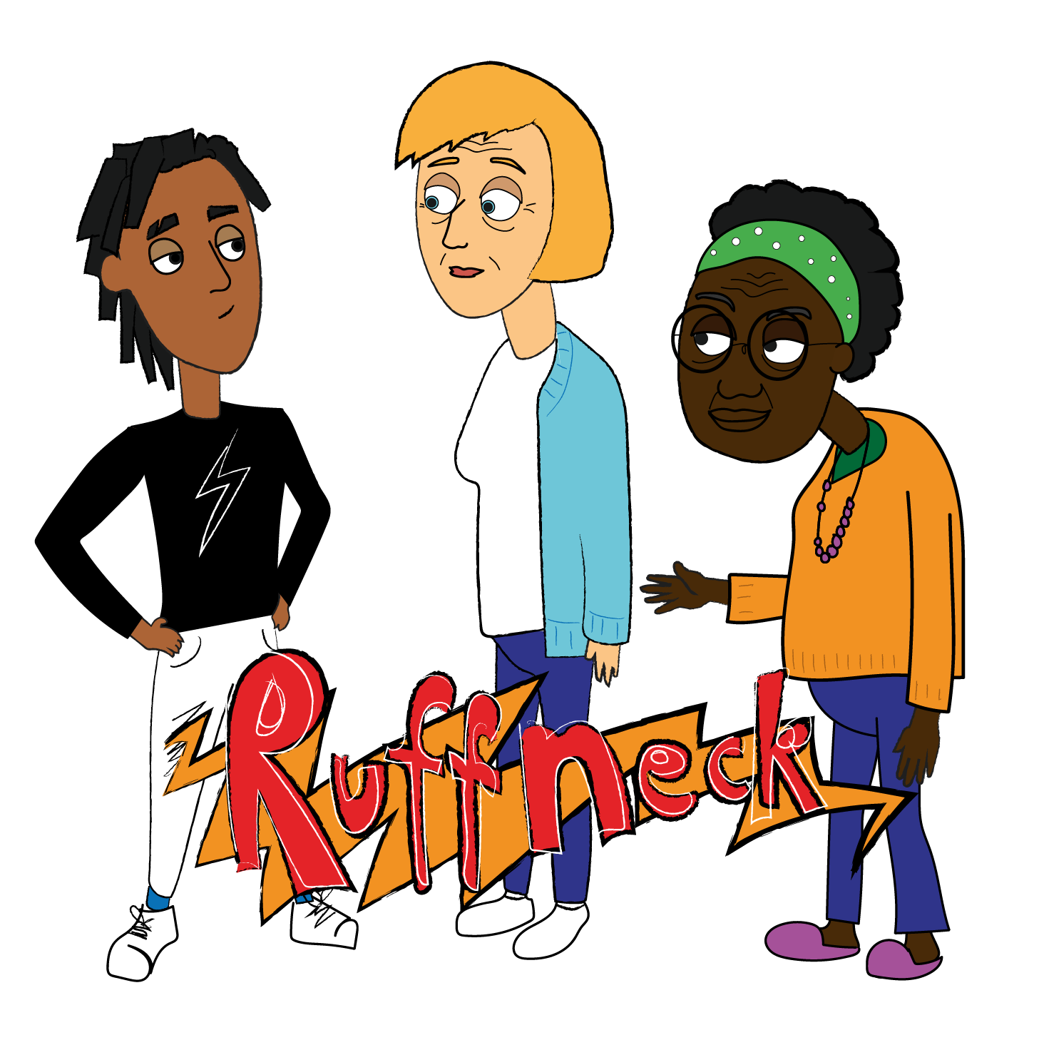 Three people standing in conversation