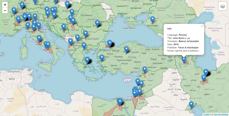 Map of Jane Eyre translations zoomed in
