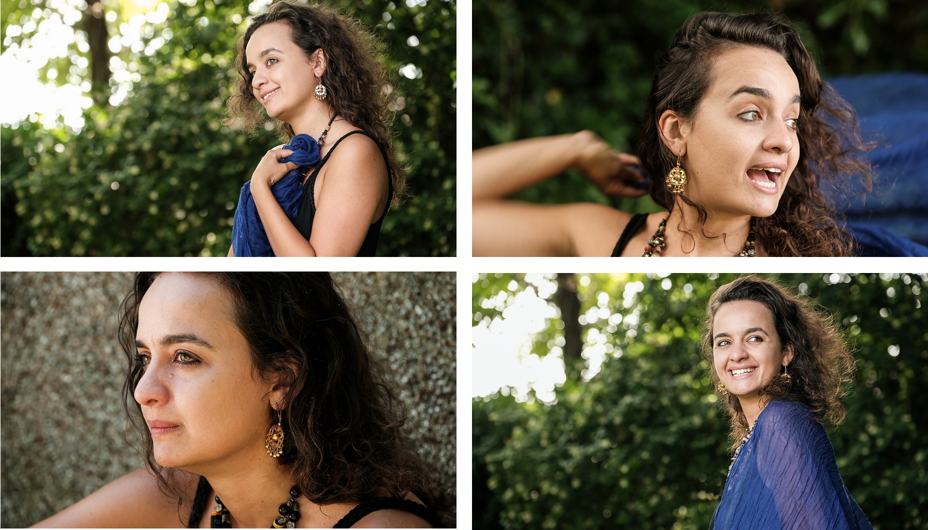 Four images of the same brown-haired woman with trees in the background.