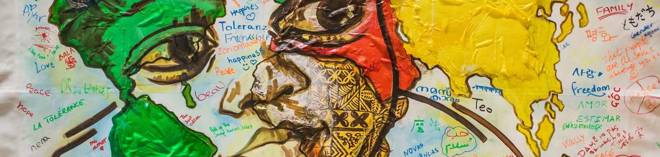 Painting of world with multilingual words